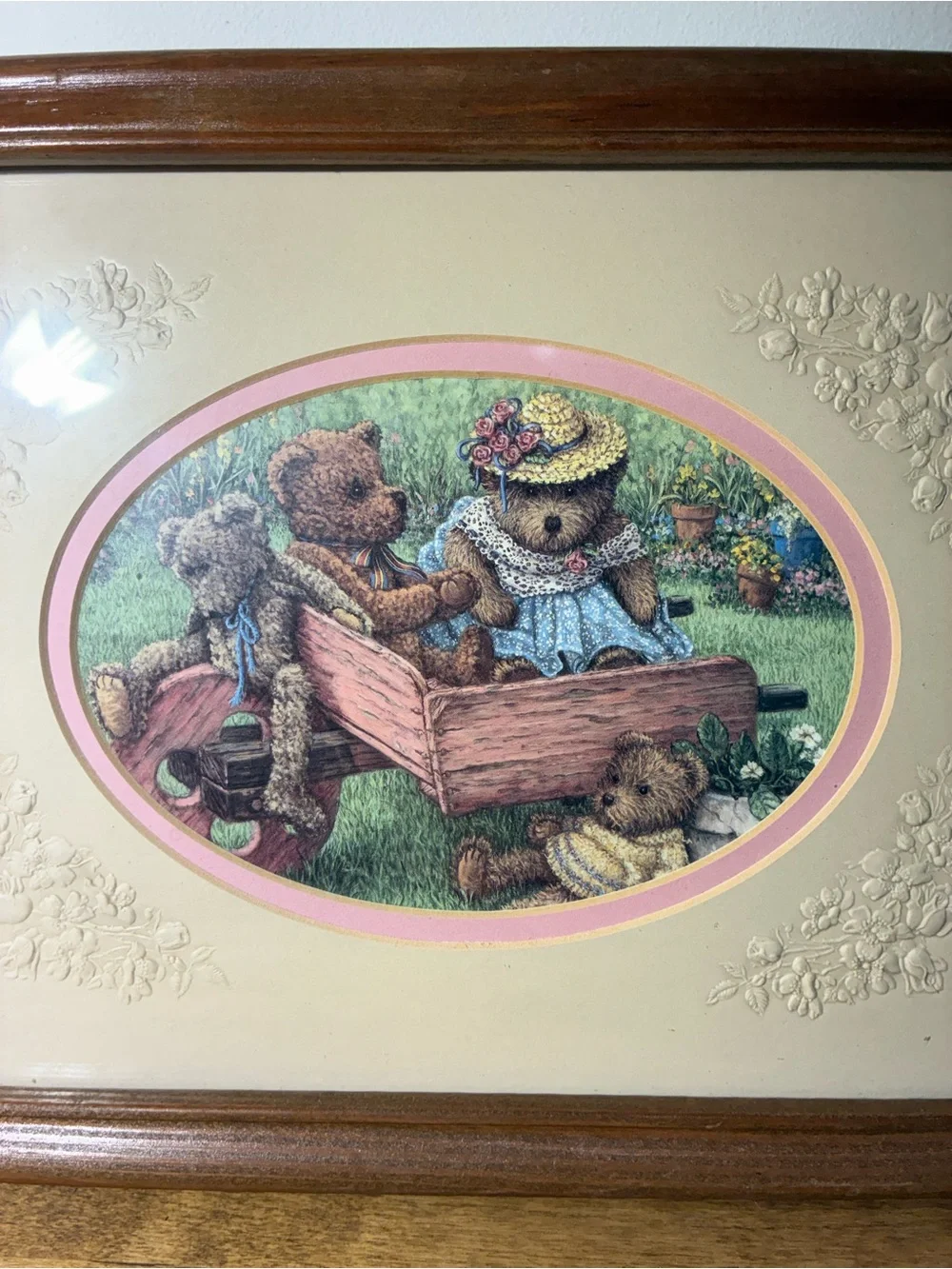 Vintage Nita Showers Teddy’s Wheelbarrow Framed Bear Art Lang 12x10